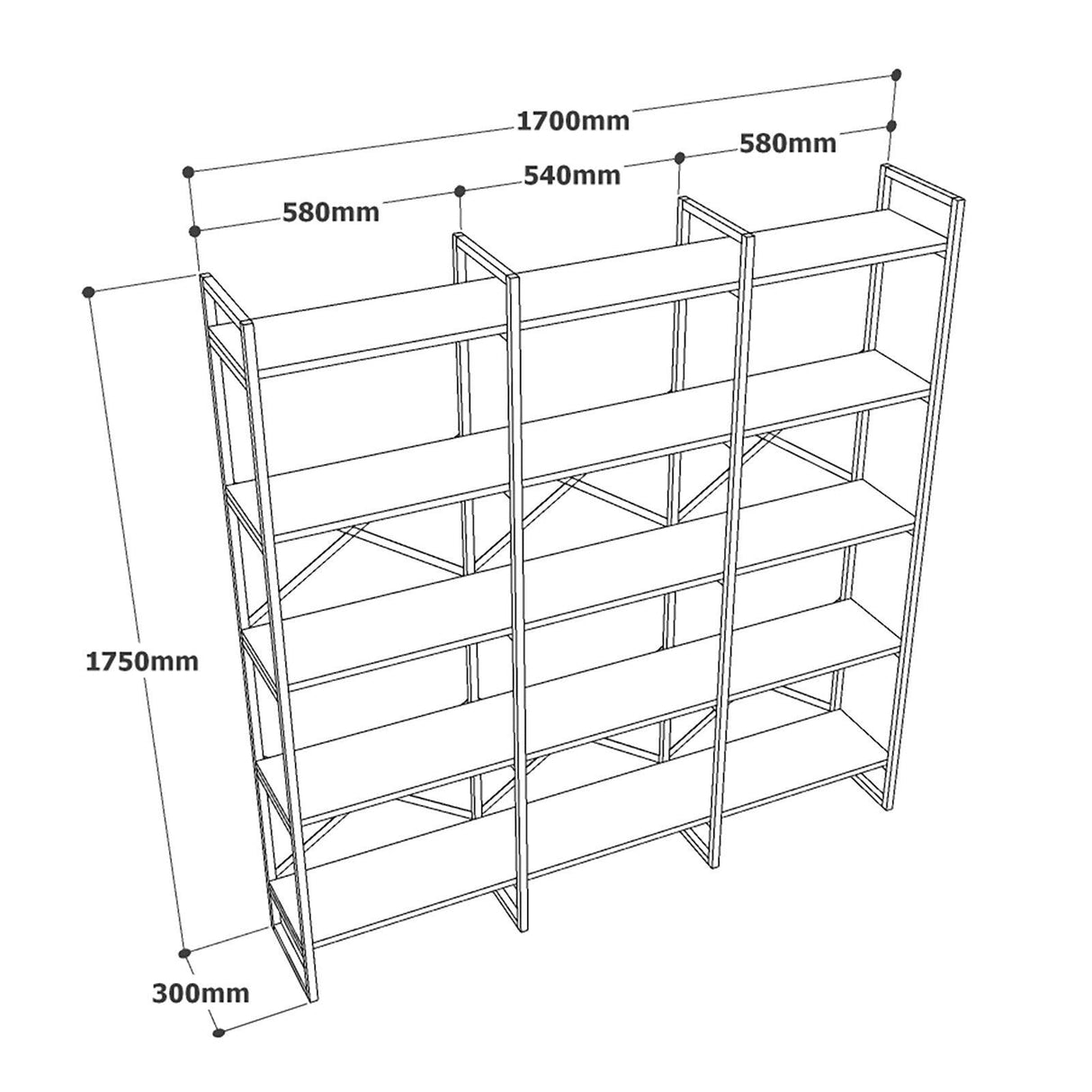 Biblioteca Sierra Lux Large cu 5 rafturi, Aur - Negru - Alb, 170x175x30 cm - Negru