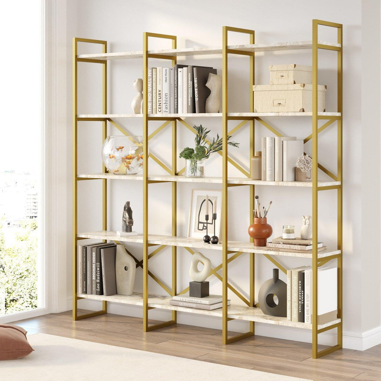 Biblioteca Sierra Lux Large cu 5 rafturi, Aur - Negru - Alb, 170x175x30 cm - Crem