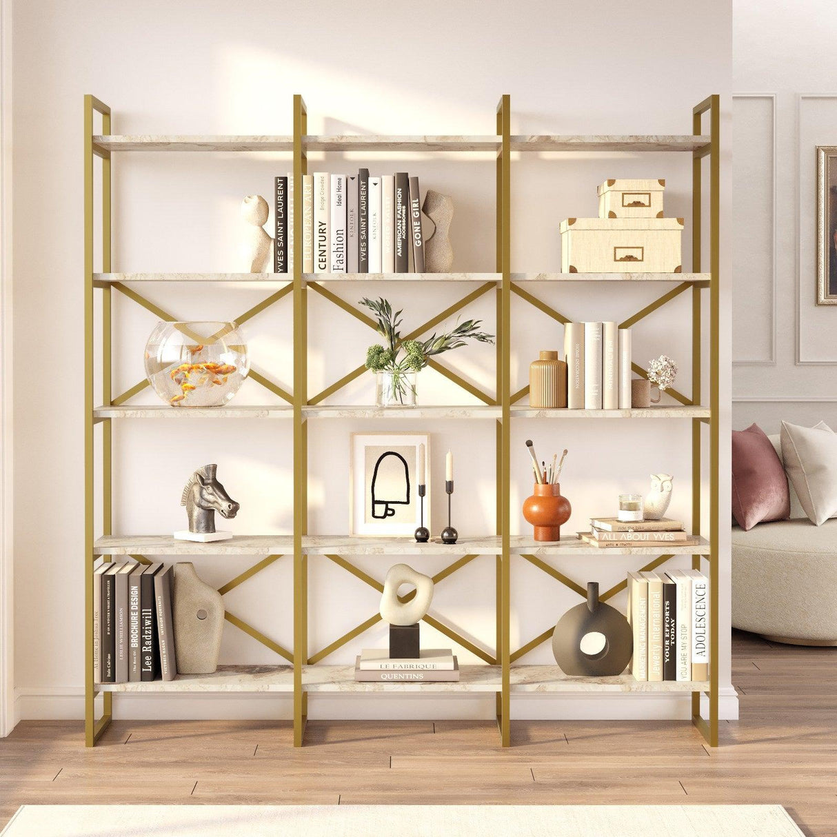 Biblioteca Sierra Lux Large cu 5 rafturi, Aur - Negru - Alb, 170x175x30 cm - Crem