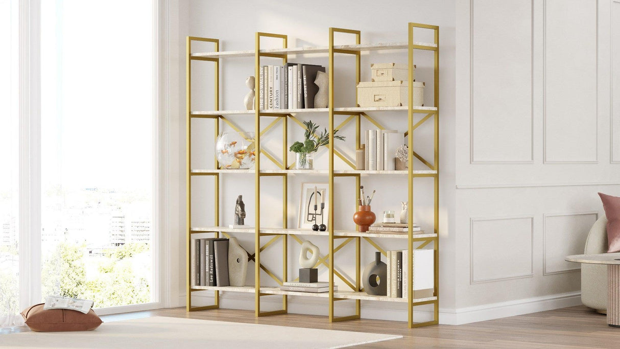 Biblioteca Sierra Lux Large cu 5 rafturi, Aur - Negru - Alb, 170x175x30 cm - Crem