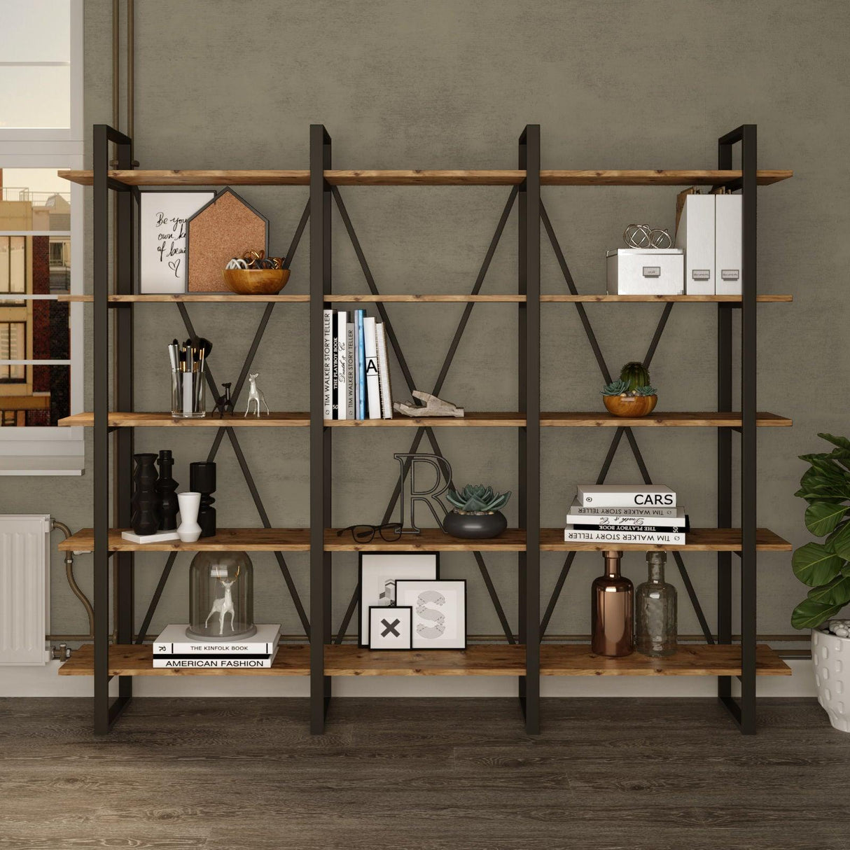 Biblioteca Sous cadru Metal, Crem, 220x180x34 cm