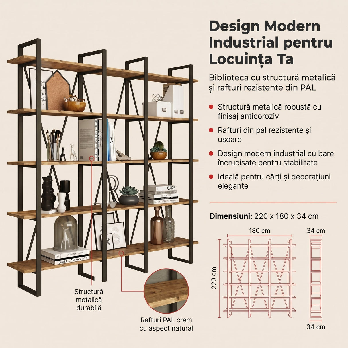 Biblioteca Sous cadru Metal, Crem, 220x180x34 cm