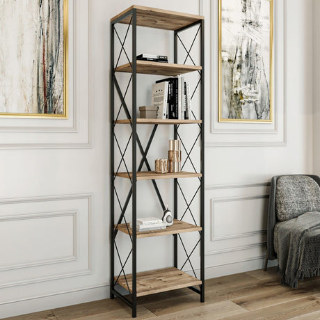 Biblioteca Suadiye cu 6 Rafturi cadru Metalic, Stejar, 50x30x180 cm