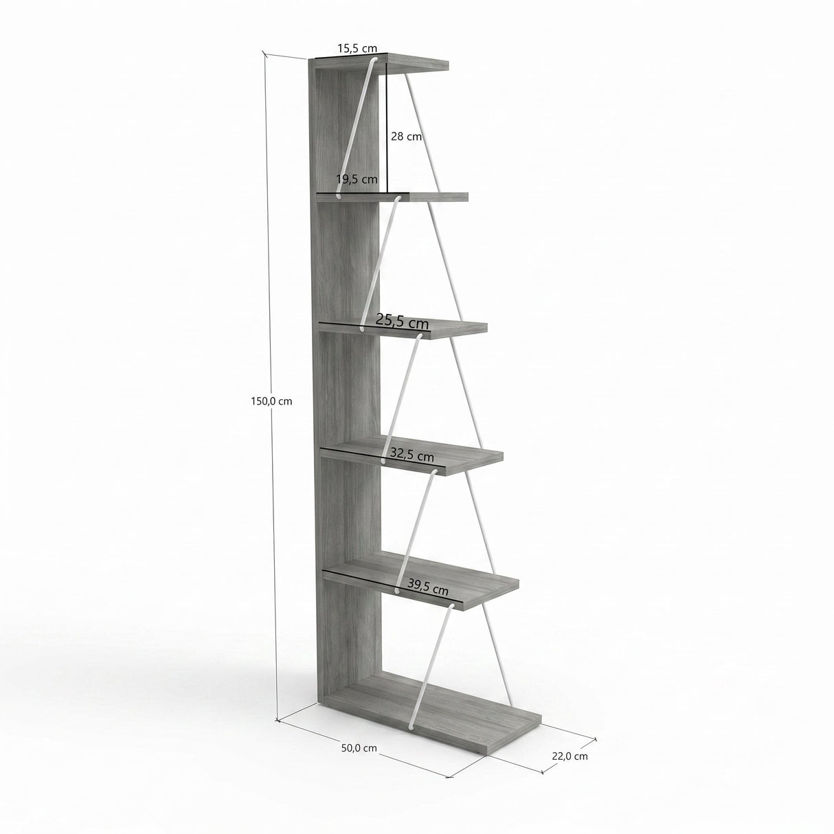 Biblioteca Tlos cu 6 rafturi, diverse culori, 50x150x22 cm - Alb