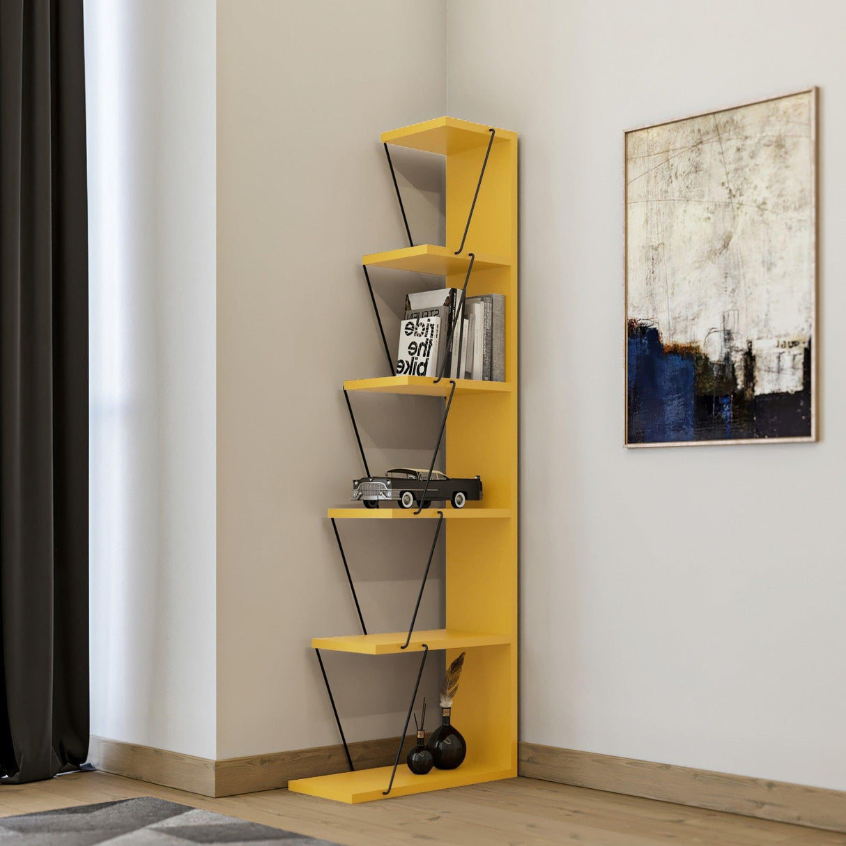 Biblioteca Tlos cu 6 rafturi, diverse culori, 50x150x22 cm - Galben