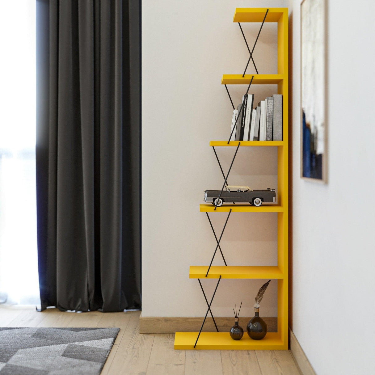 Biblioteca Tlos cu 6 rafturi, diverse culori, 50x150x22 cm - Galben