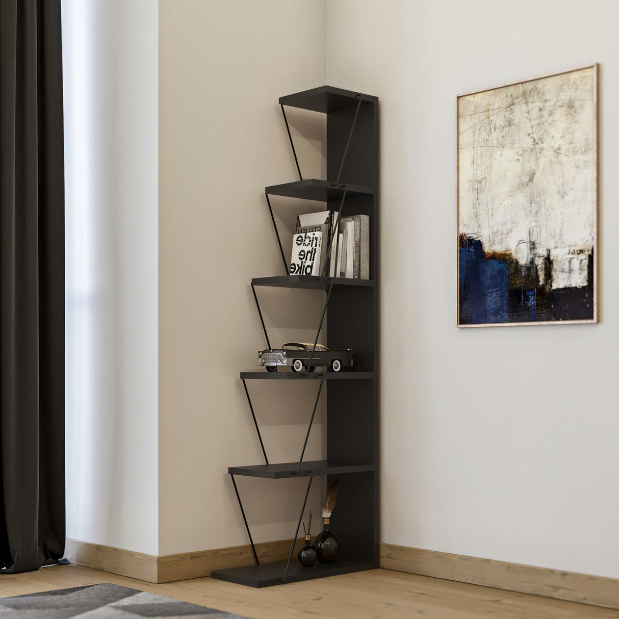 Biblioteca Tlos cu 6 rafturi, diverse culori, 50x150x22 cm - Gri