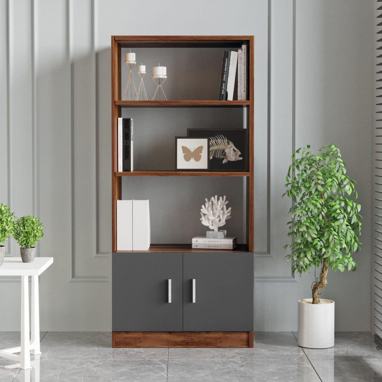Biblioteca Variom cu 2 usi si 4 rafturi, Nuc - Stejar, 64x140x38 cm - Nuc