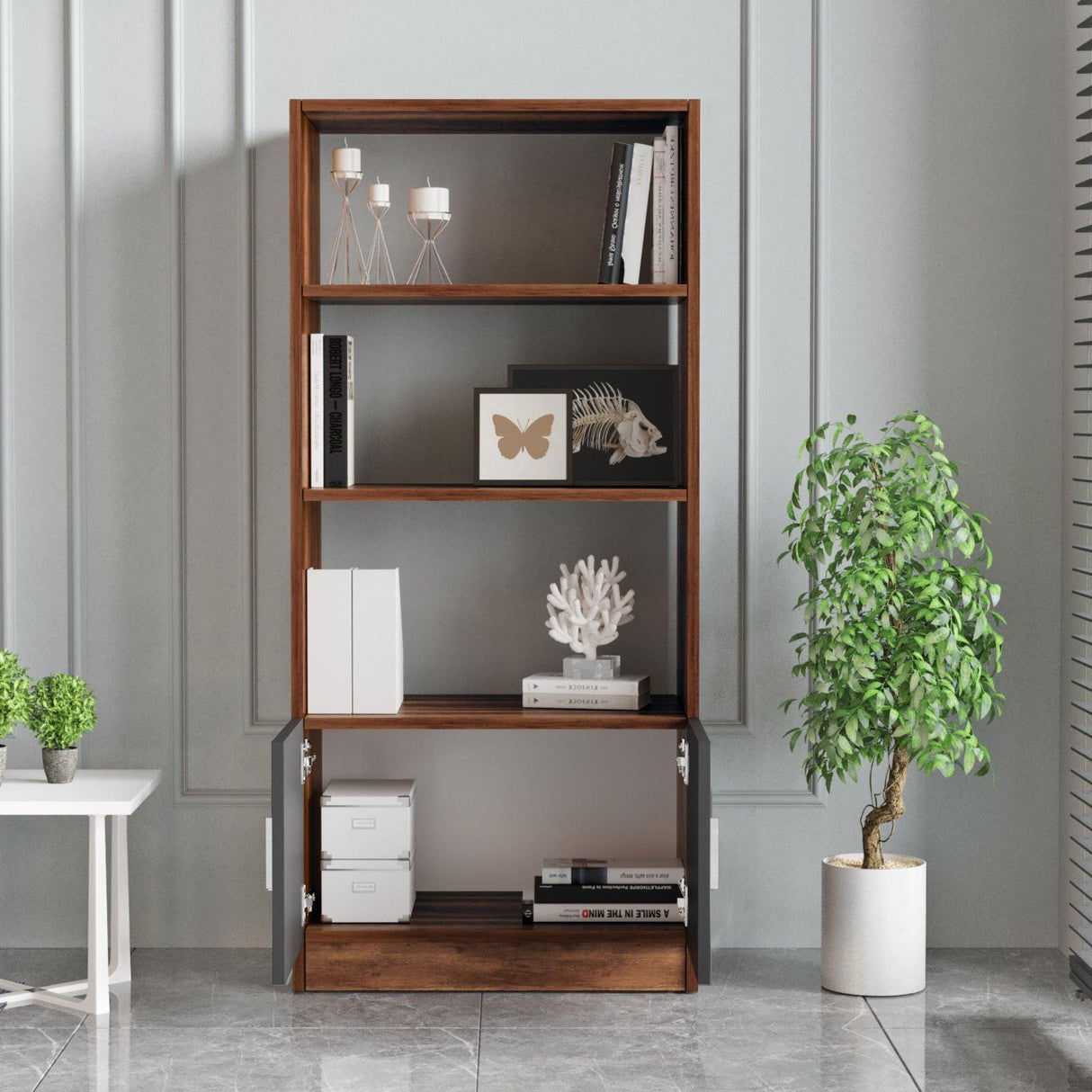 Biblioteca Variom cu 2 usi si 4 rafturi, Nuc - Stejar, 64x140x38 cm - Nuc