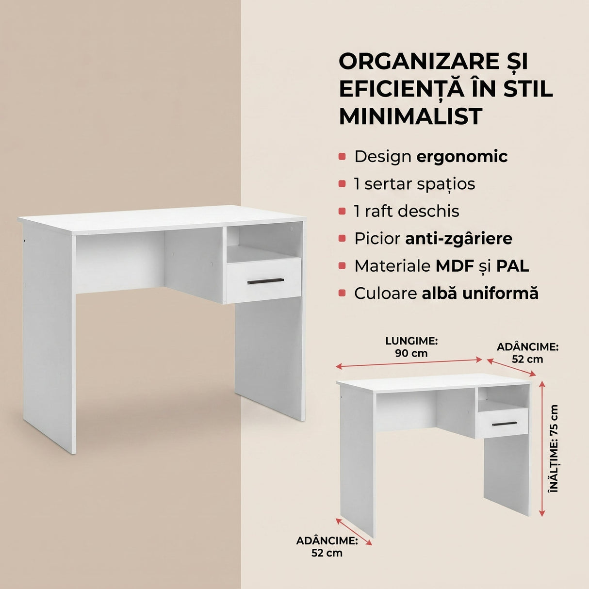 Birou CMS-105-BB-1 Home Collection®, cu sertar si raft, Alb - Stejar, 90x52x75 cm - Alb | SKU: CMS-105-BB-1, CMS-105-FF-1