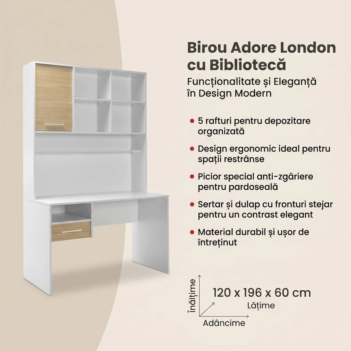 Birou CMU-1411-MB-2 Home Collection® London cu biblioteca, Alb - Stejar, 120x196x60 cm