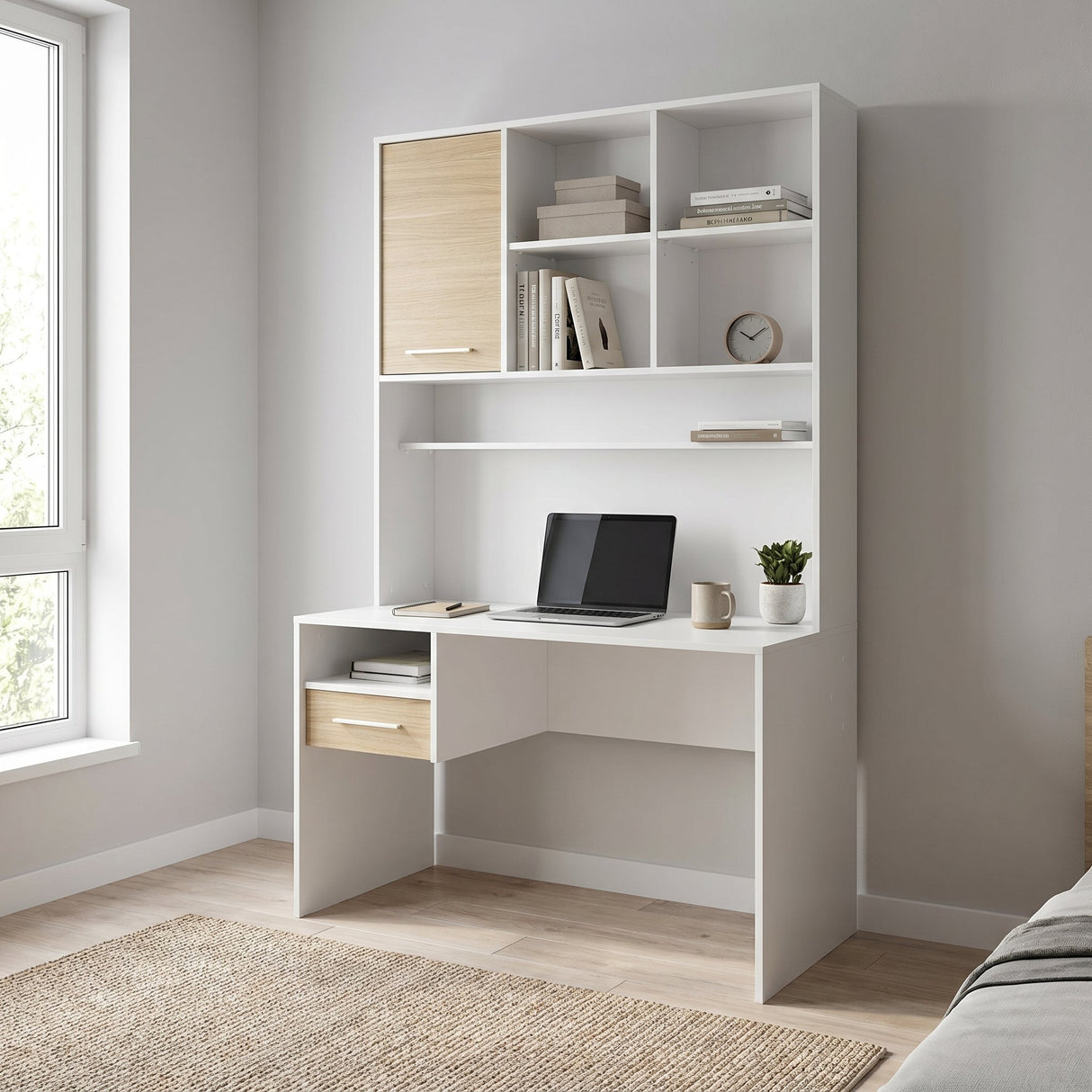 Birou CMU-1411-MB-2 Home Collection® London cu biblioteca, Alb - Stejar, 120x196x60 cm