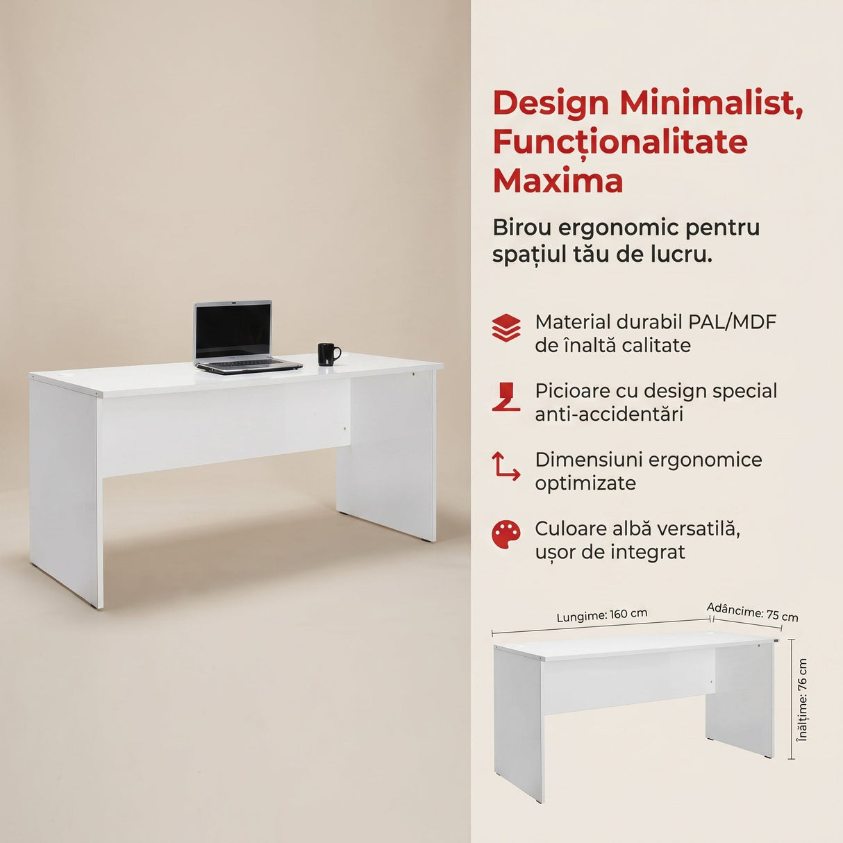 Birou NMS-160-PP-1 Home Collection® New York, Alb, 160x75x76 cm