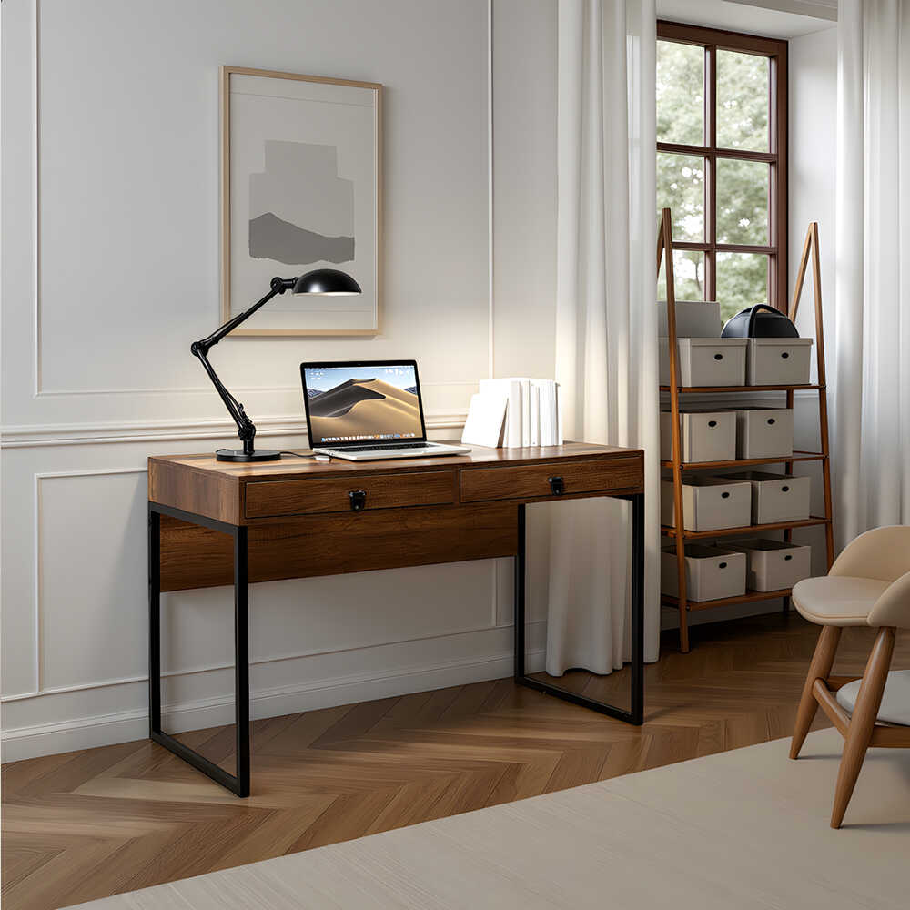 Birou CMS-922-OO-1 Home Collection® Profile cu cadru metalic si 2 sertare, Maro, 120x79x60 cm