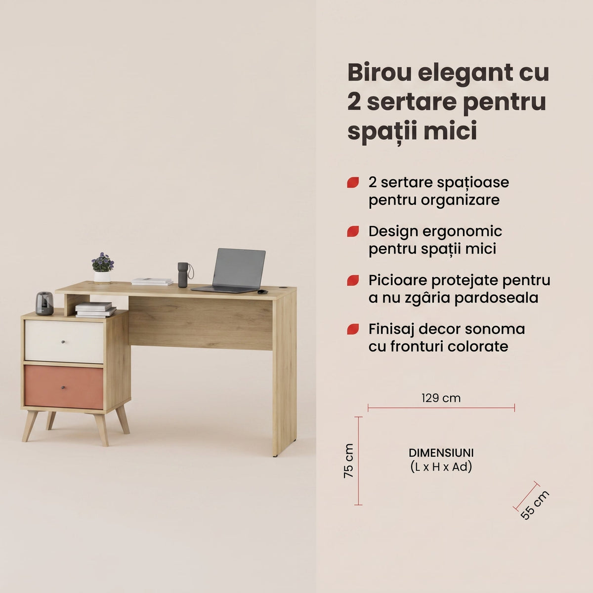 Birou Adore Tiffany, cu 2 sertare, Multicolor, 129x75x55 cm, detaliu produs | SKU: TCM-920-FX-1