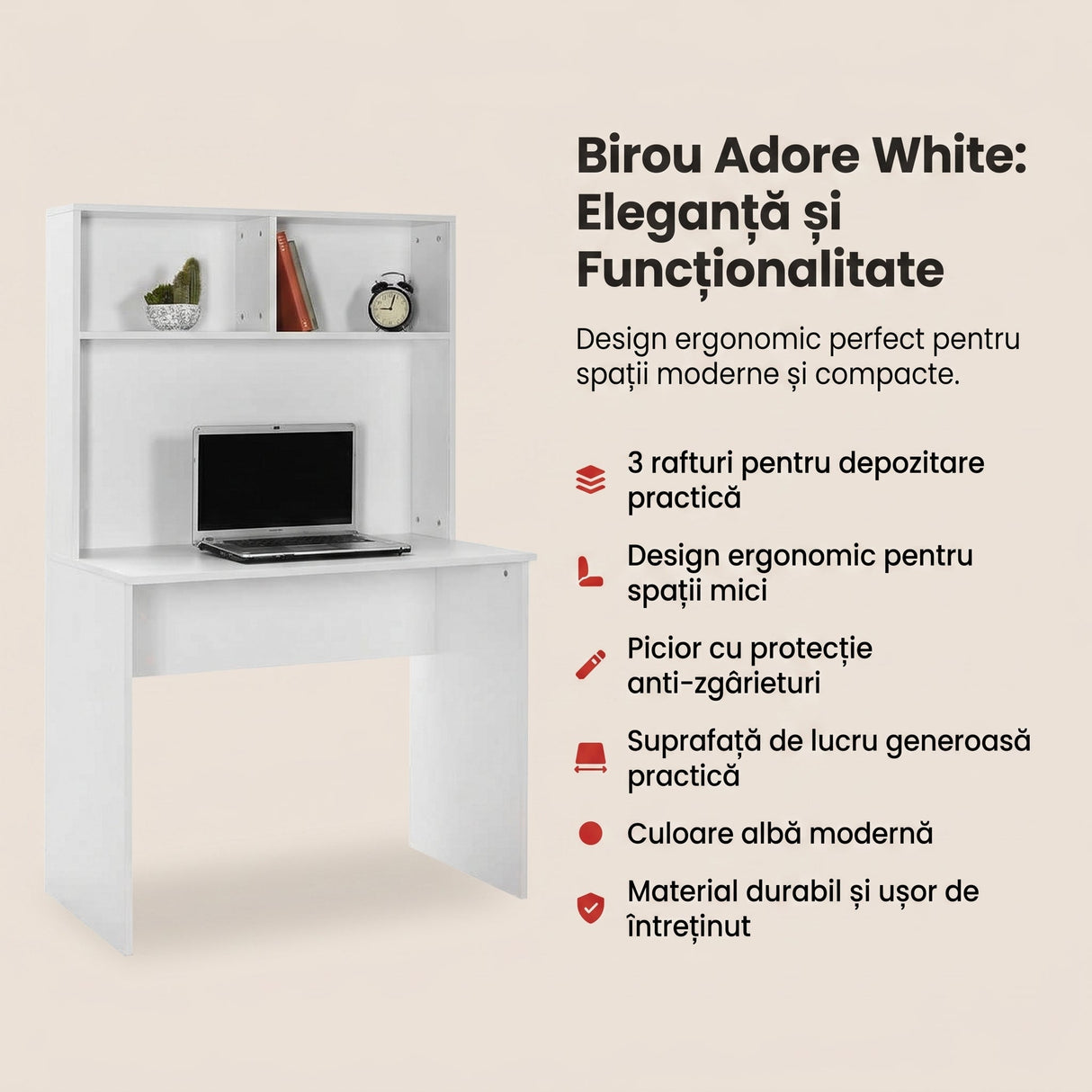 Birou CMU-190-BB-1 Home Collection® White cu biblioteca, Alb, 90x148x52 cm