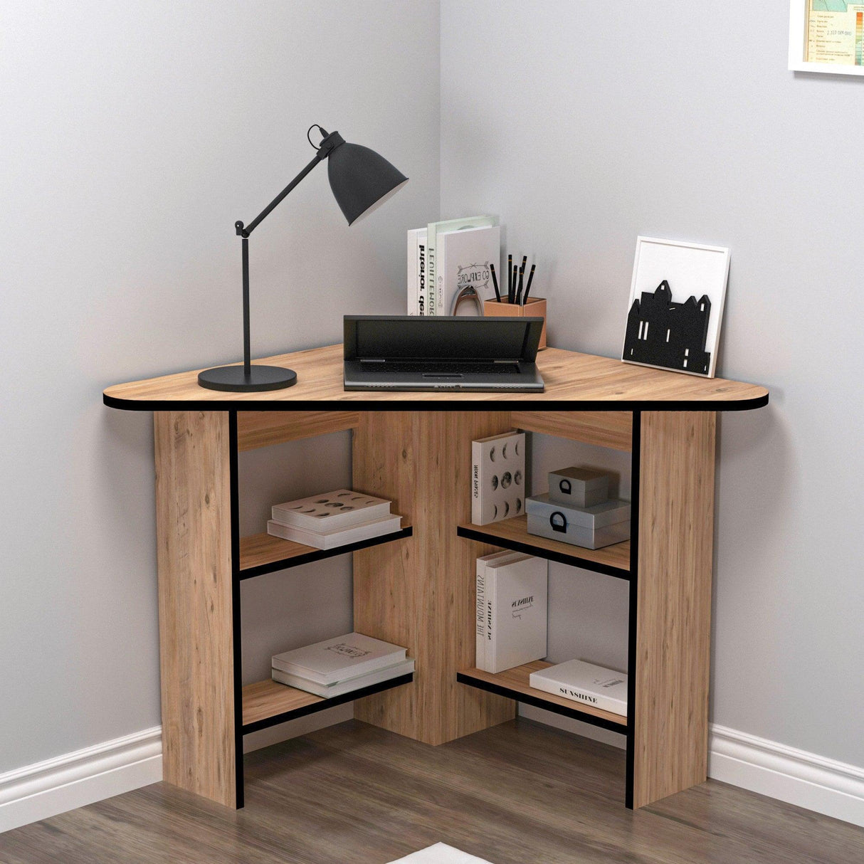 Birou Colt Bellingham cu Rafturi, Design Ergonomic, 80x74x80 cm - Stejar