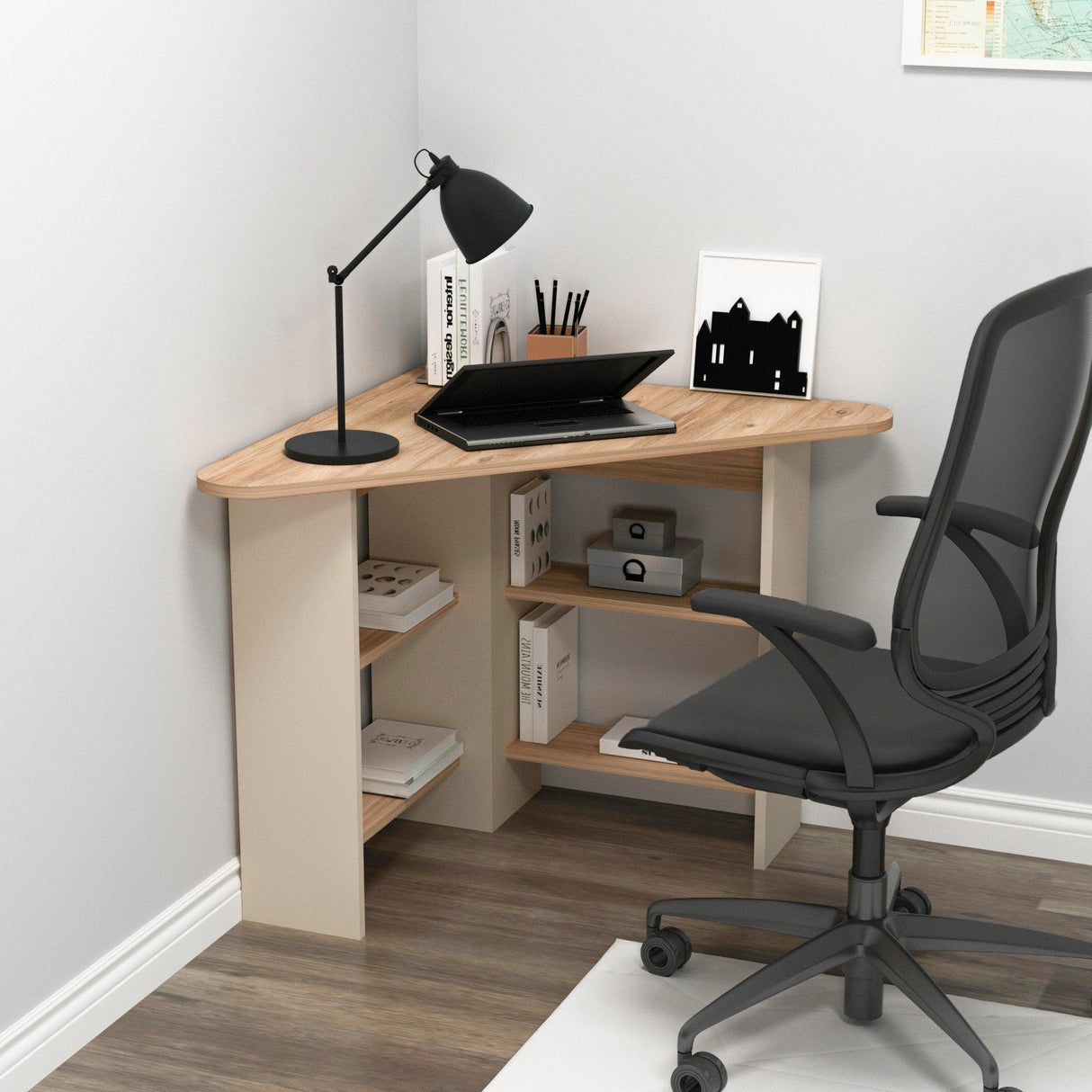 Birou Colt Bellingham cu Rafturi, Design Ergonomic, 80x74x80 cm - Multicolor