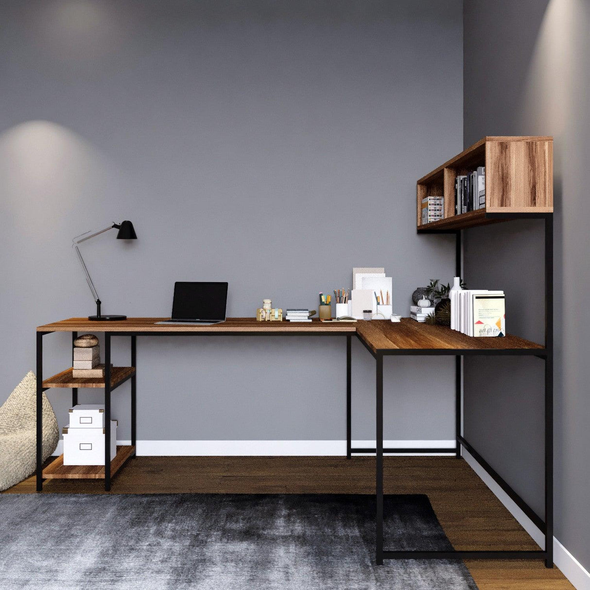 Birou Colt cu Biblioteca Mercan, Nuc, 200x72x60 cm