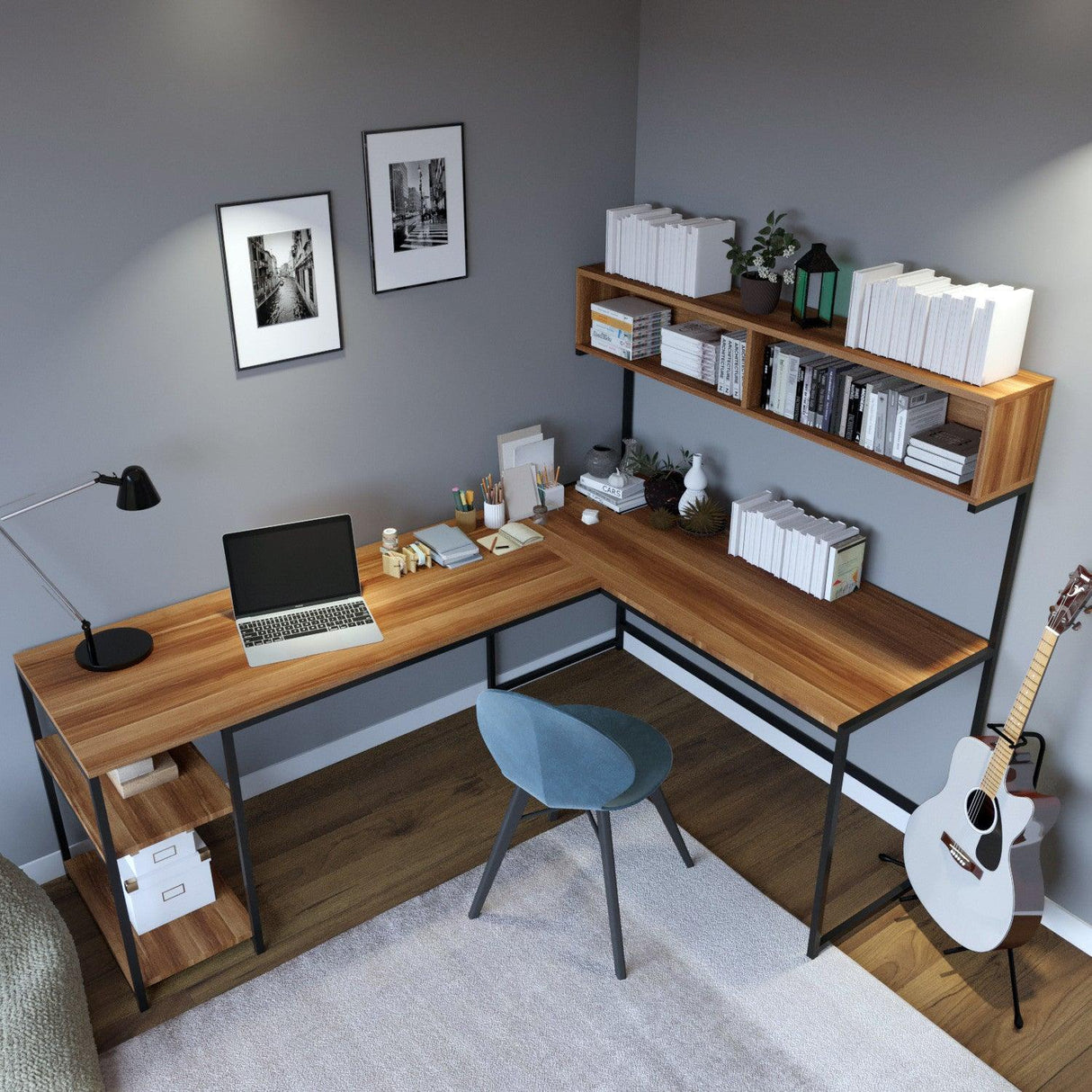 Birou Colt cu Biblioteca Mercan, Nuc, 200x72x60 cm