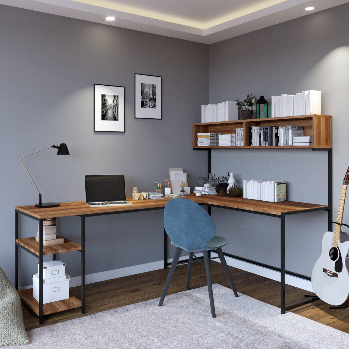 Birou Colt cu Biblioteca Mercan, Nuc, 200x72x60 cm
