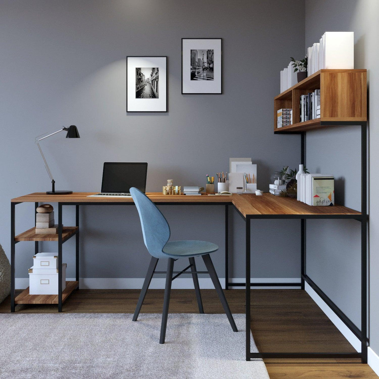 Birou Colt cu Biblioteca Mercan, Nuc, 200x72x60 cm