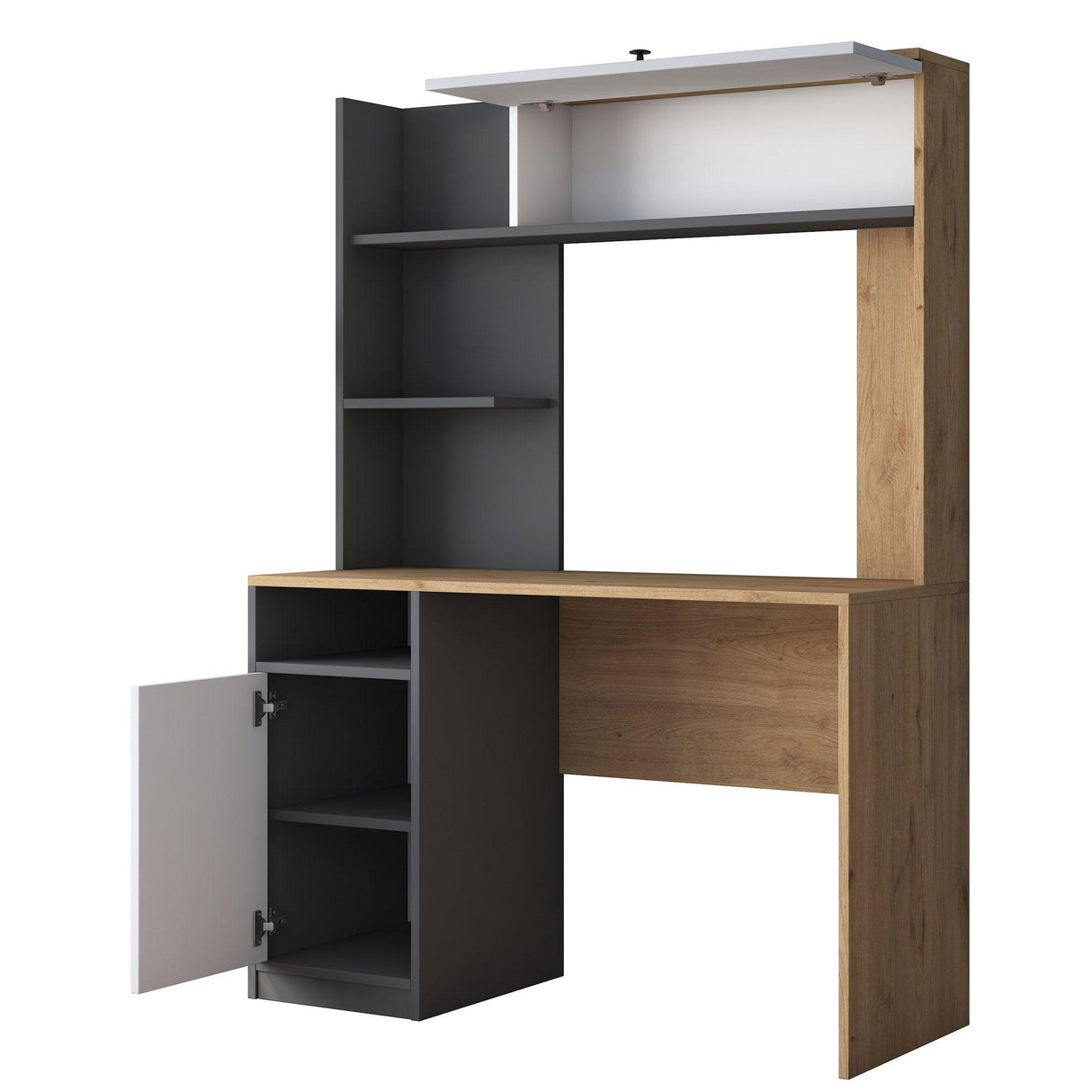 Birou cu Biblioteca Dani cu 2 Usi si 6 Rafturi, Stejar - Gri, 117x160x46 cm