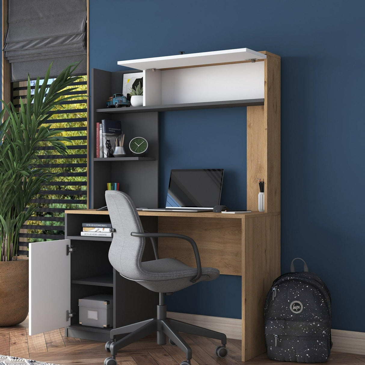 Birou cu Biblioteca Dani cu 2 Usi si 6 Rafturi, Stejar - Gri, 117x160x46 cm