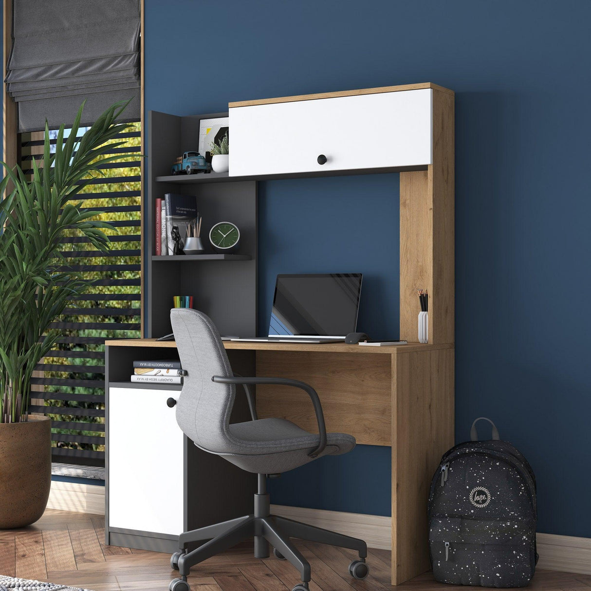 Birou cu Biblioteca Dani cu 2 Usi si 6 Rafturi, Stejar - Gri, 117x160x46 cm