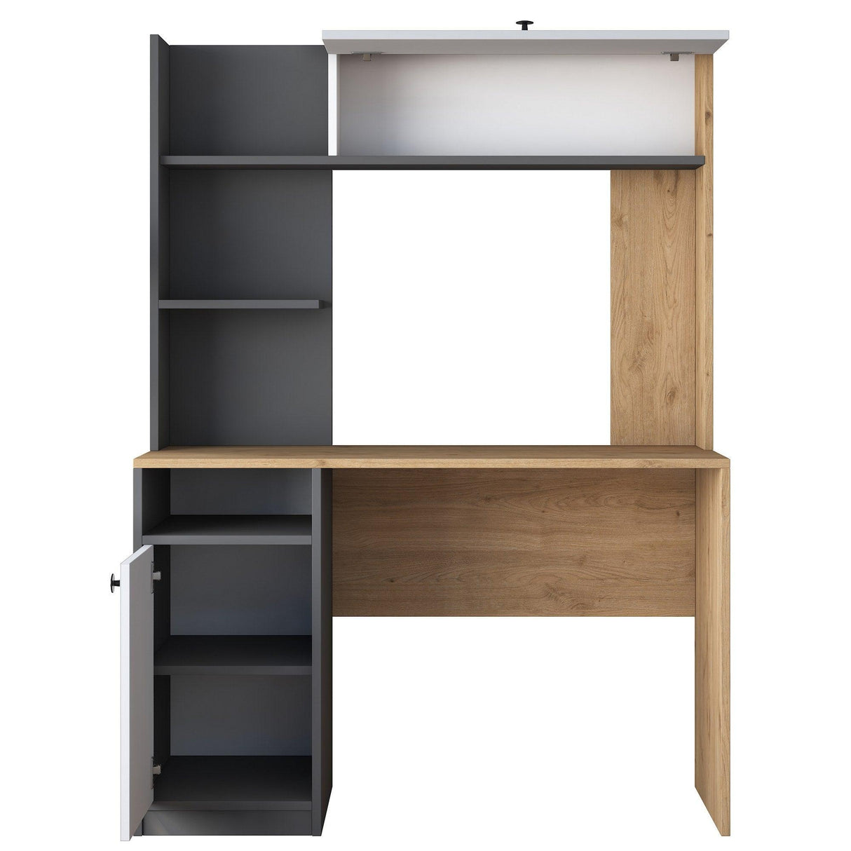 Birou cu Biblioteca Dani cu 2 Usi si 6 Rafturi, Stejar - Gri, 117x160x46 cm
