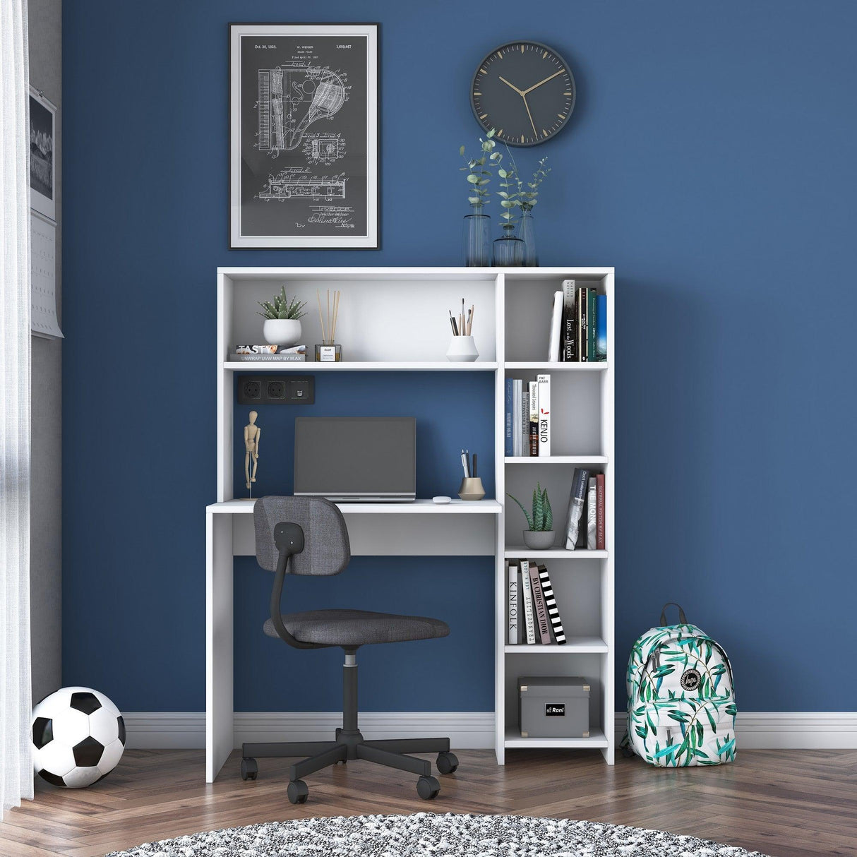 Birou cu biblioteca Erou, Stejar - Alb, 113x142x40 cm - Alb