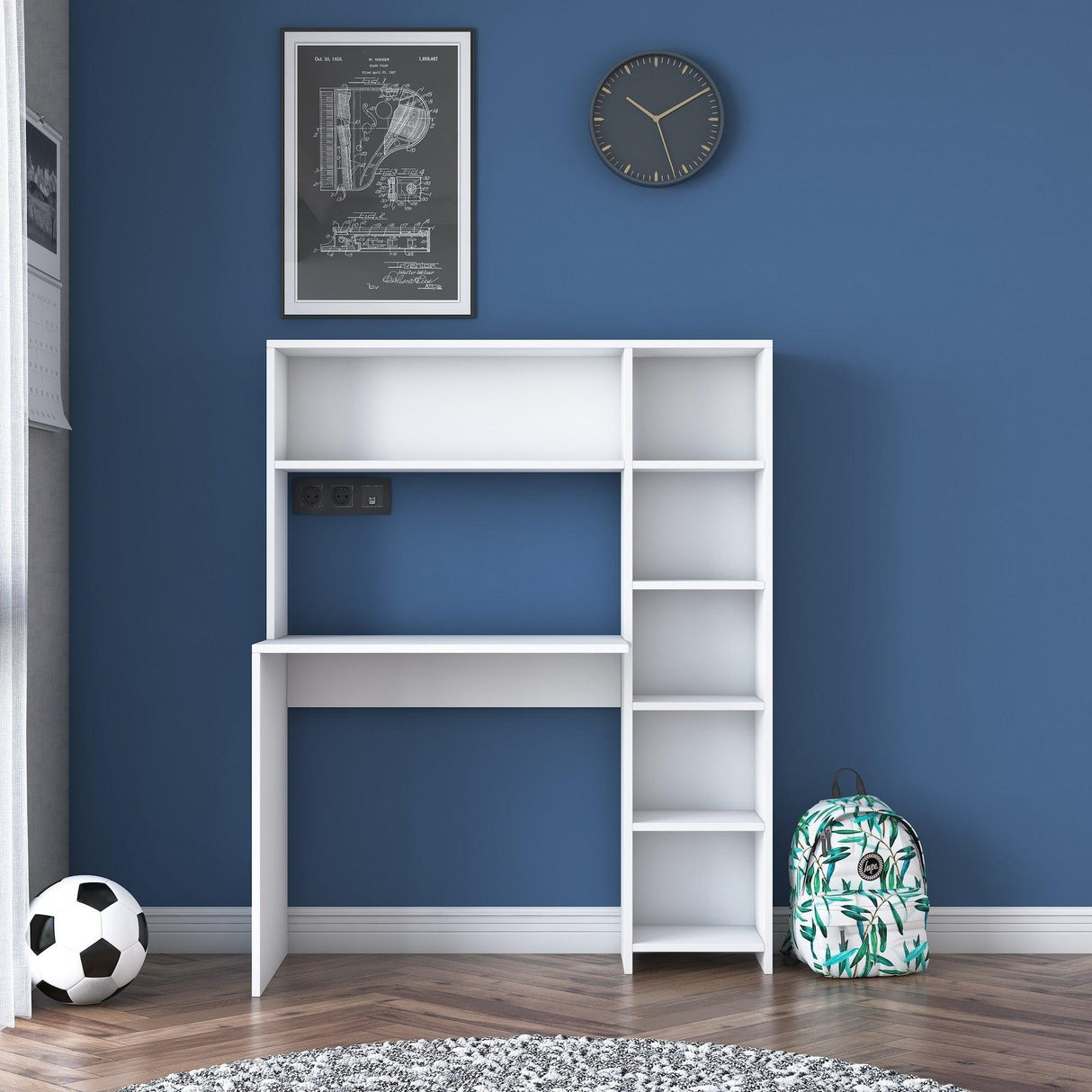 Birou cu biblioteca Erou, Stejar - Alb, 113x142x40 cm - Alb