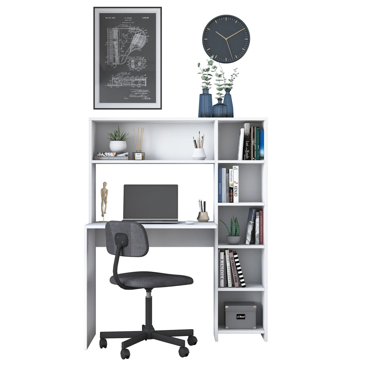 Birou cu biblioteca Erou, Stejar - Alb, 113x142x40 cm - Alb