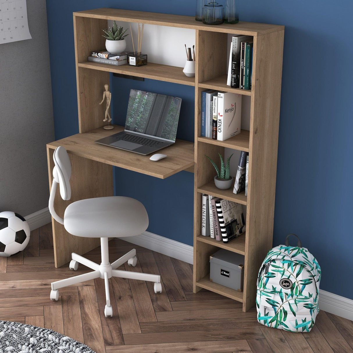 Birou cu biblioteca Erou, Stejar - Alb, 113x142x40 cm - Stejar