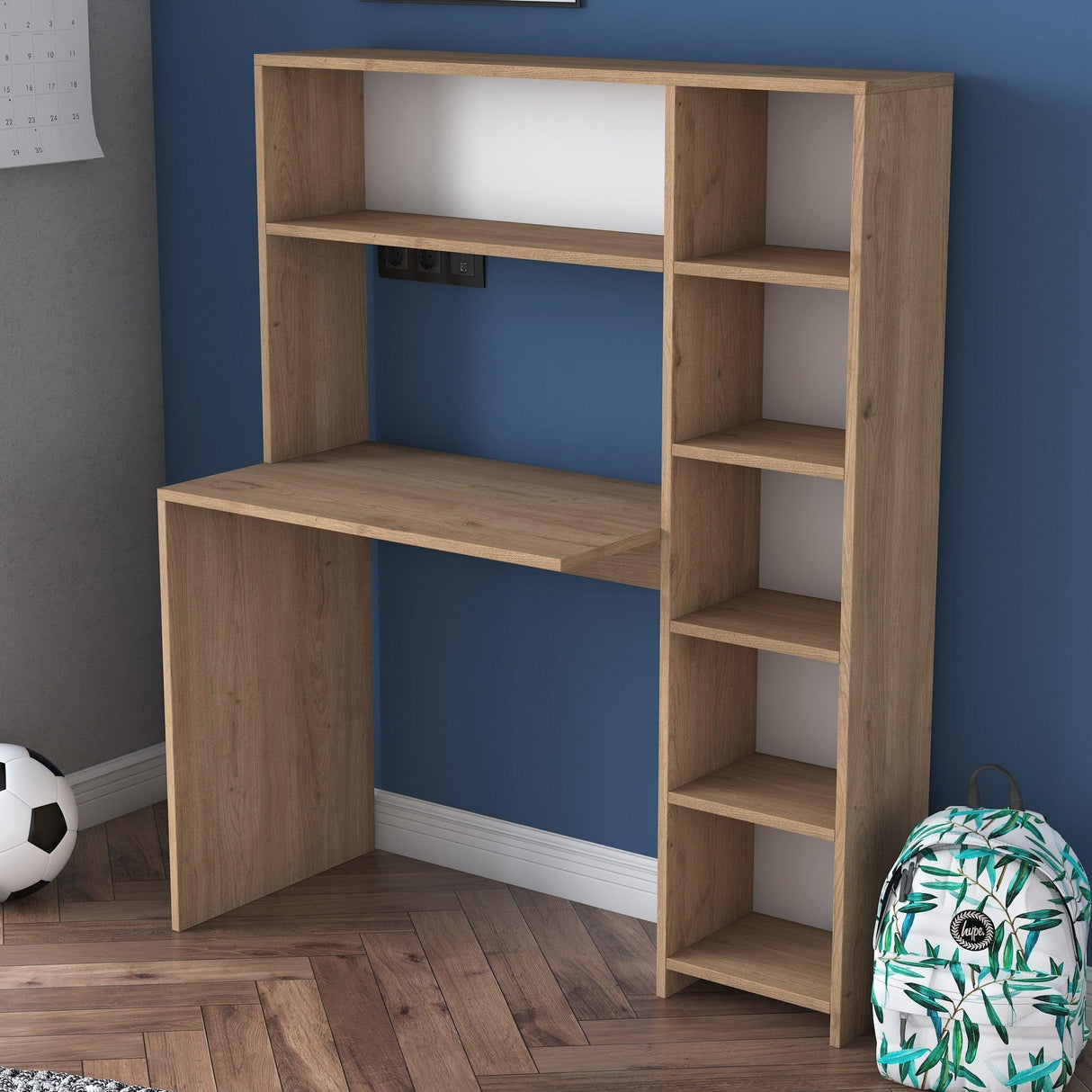 Birou cu biblioteca Erou, Stejar - Alb, 113x142x40 cm - Stejar