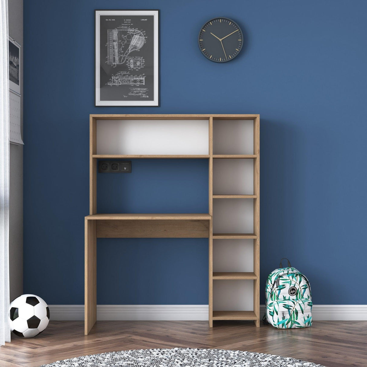 Birou cu biblioteca Erou, Stejar - Alb, 113x142x40 cm - Stejar