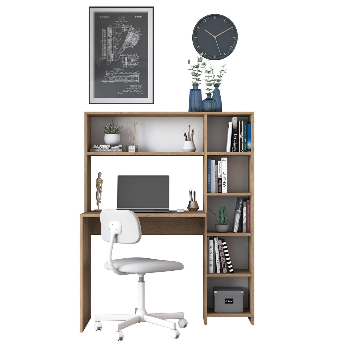 Birou cu biblioteca Erou, Stejar - Alb, 113x142x40 cm - Stejar