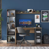 Birou cu Biblioteca Nic cu 9 Rafturi, Gri - Nuc, 120x45x73.8 cm