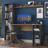 Birou cu Biblioteca Nic cu 9 Rafturi, Gri - Nuc, 120x45x73.8 cm