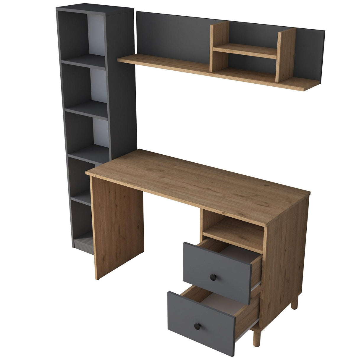 Birou cu Biblioteca Nili 7 rafturi si cu Sertare, Antracit de nuc, Nuc Alb, 120x50x161.8 cm - Antracit de nuc