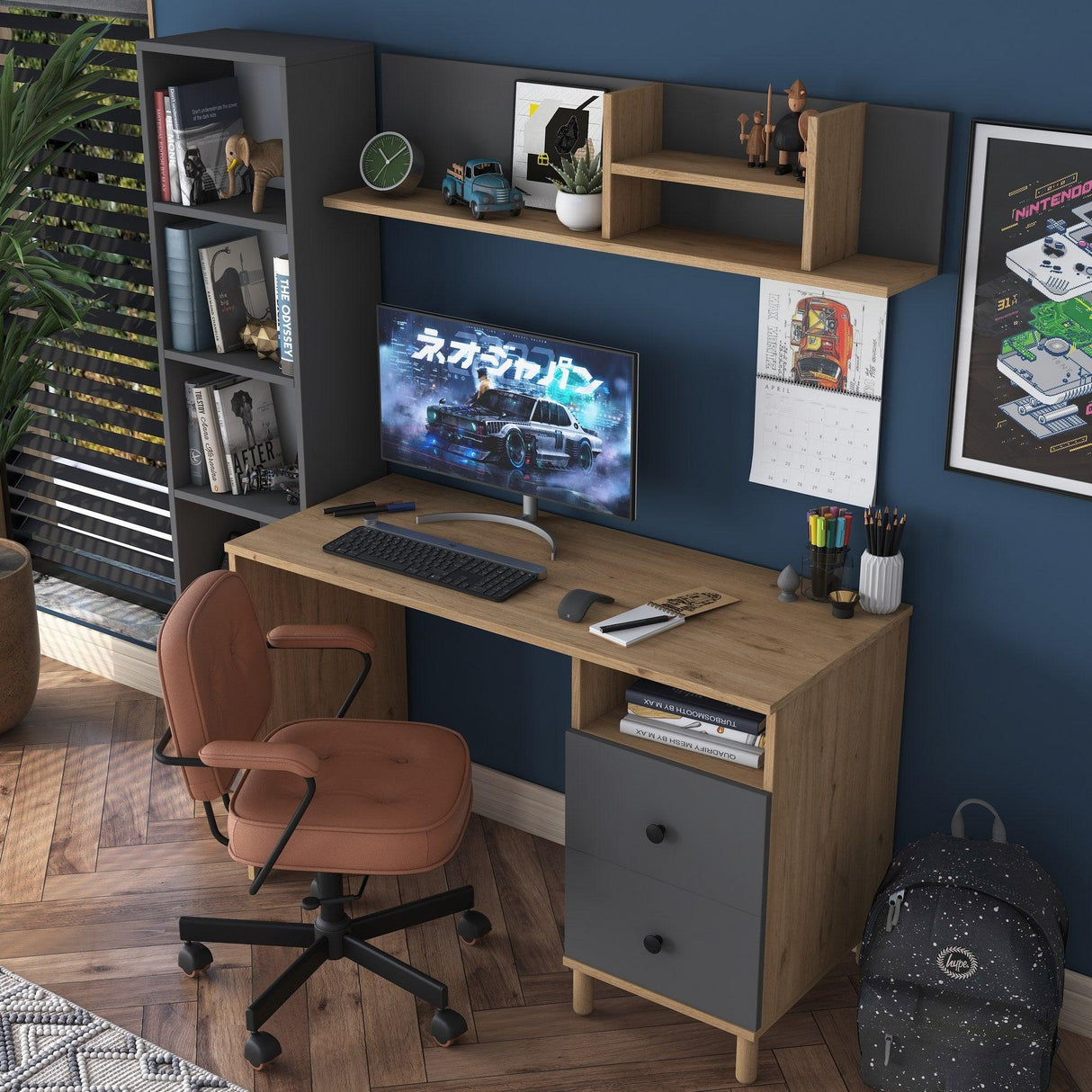 Birou cu Biblioteca Nili 7 rafturi si cu Sertare, Antracit de nuc, Nuc Alb, 120x50x161.8 cm - Antracit de nuc
