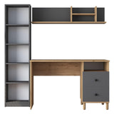 Birou cu Biblioteca Nili 7 rafturi si cu Sertare, Antracit de nuc, Nuc Alb, 120x50x161.8 cm - Antracit de nuc