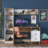 Birou cu Biblioteca Nili 7 rafturi si cu Sertare, Antracit de nuc, Nuc Alb, 120x50x161.8 cm - Nuc Alb