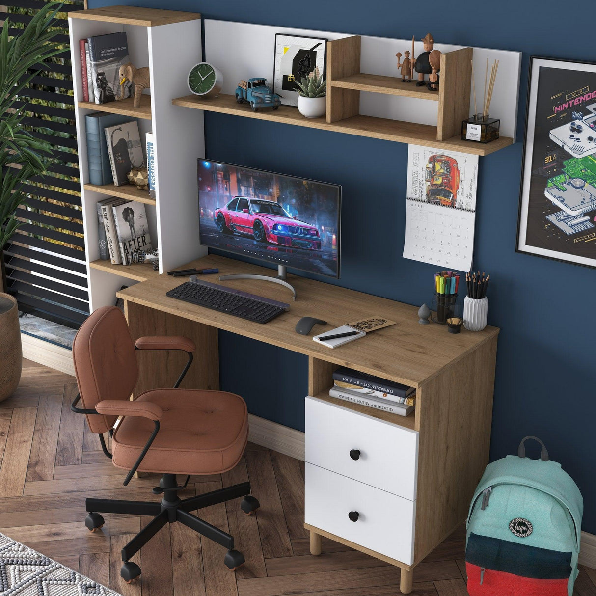 Birou cu Biblioteca Nili 7 rafturi si cu Sertare, Antracit de nuc, Nuc Alb, 120x50x161.8 cm - Nuc Alb