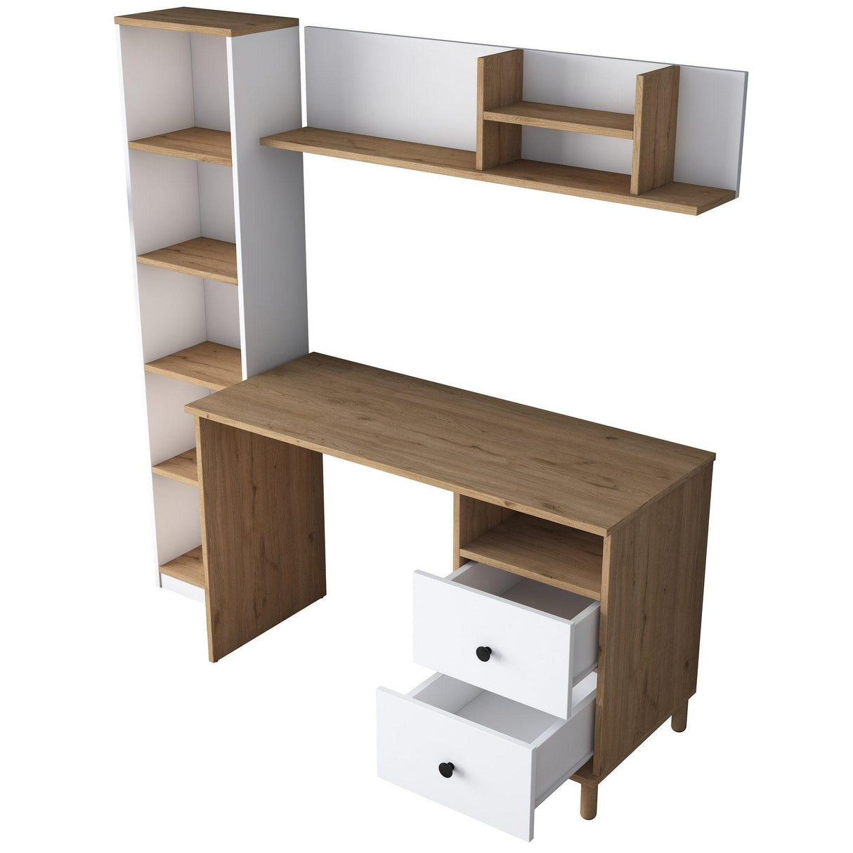 Birou cu Biblioteca Nili 7 rafturi si cu Sertare, Antracit de nuc, Nuc Alb, 120x50x161.8 cm - Nuc Alb