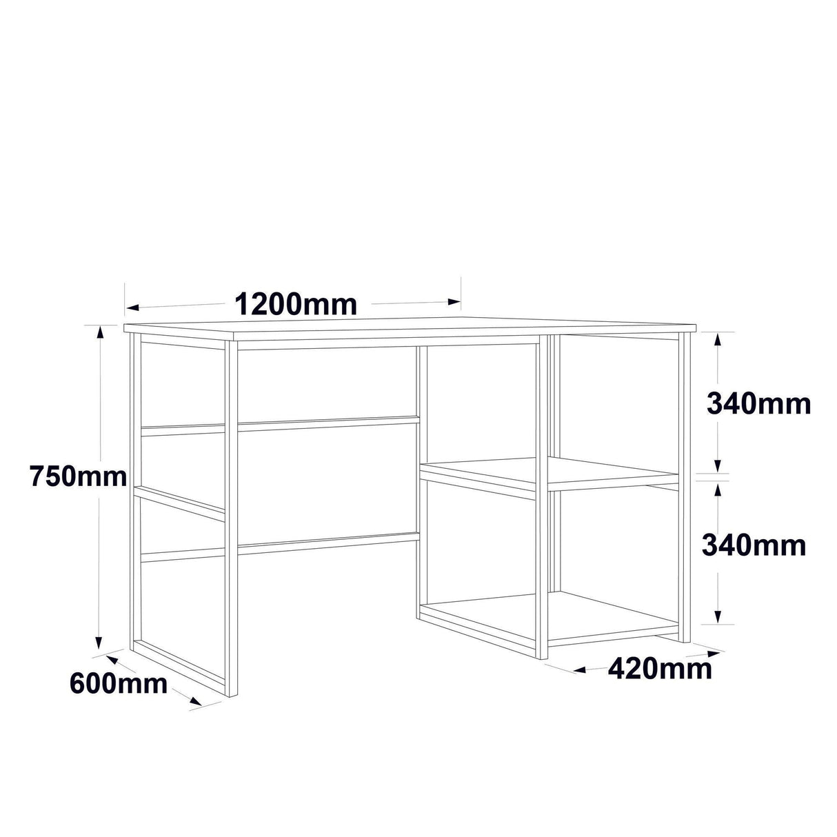 Birou Dario cadru metal cu rafturi Dreapta, Negru -Stejar, 120x75x60 cm
