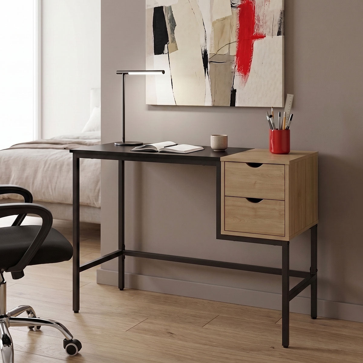 Natural - Negru | SKU: 225-000114 | Birou Demal, cu sertar, Natural - Negru, 100x48x76 cm, varianta Natural - Negru, produs pentru amenajarea locuinței, disponibil online în România la CasaMob