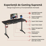 Birou Gaming RGT146X Home Collection® Carbon Series X9, suprafata carbon, mousepad, USB gamepad holder, suport pentru casti si pahar, cutie cabluri, 140x66x75 cm