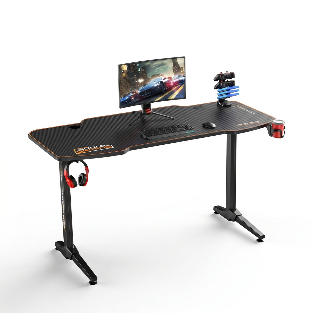 Birou Gaming RGT146X Home Collection® Carbon Series X9, suprafata carbon, mousepad, USB gamepad holder, suport pentru casti si pahar, cutie cabluri, 140x66x75 cm