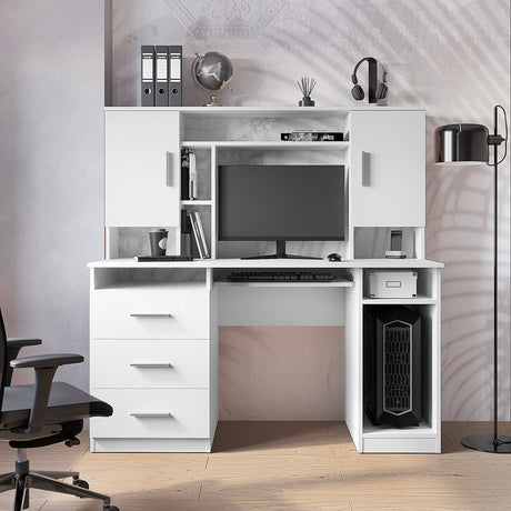 Birou Keldra cu sertare si dulapuri culor, alb, 140x60x142 cm